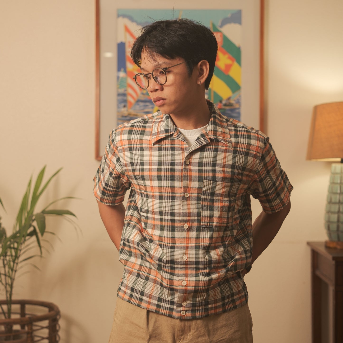 Lightweight S/S Camp Shirt w/ Side Tabs - Orange/Green Plaid