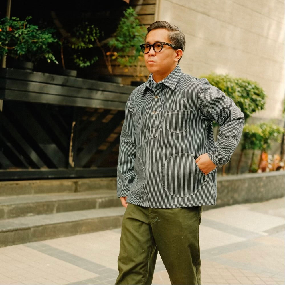 Denim Half Placket Overshirt - Hickory Stripe