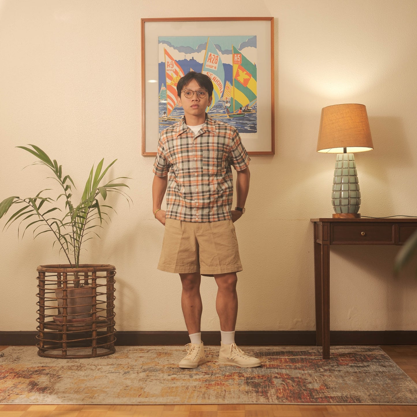 Lightweight S/S Camp Shirt w/ Side Tabs - Orange/Green Plaid