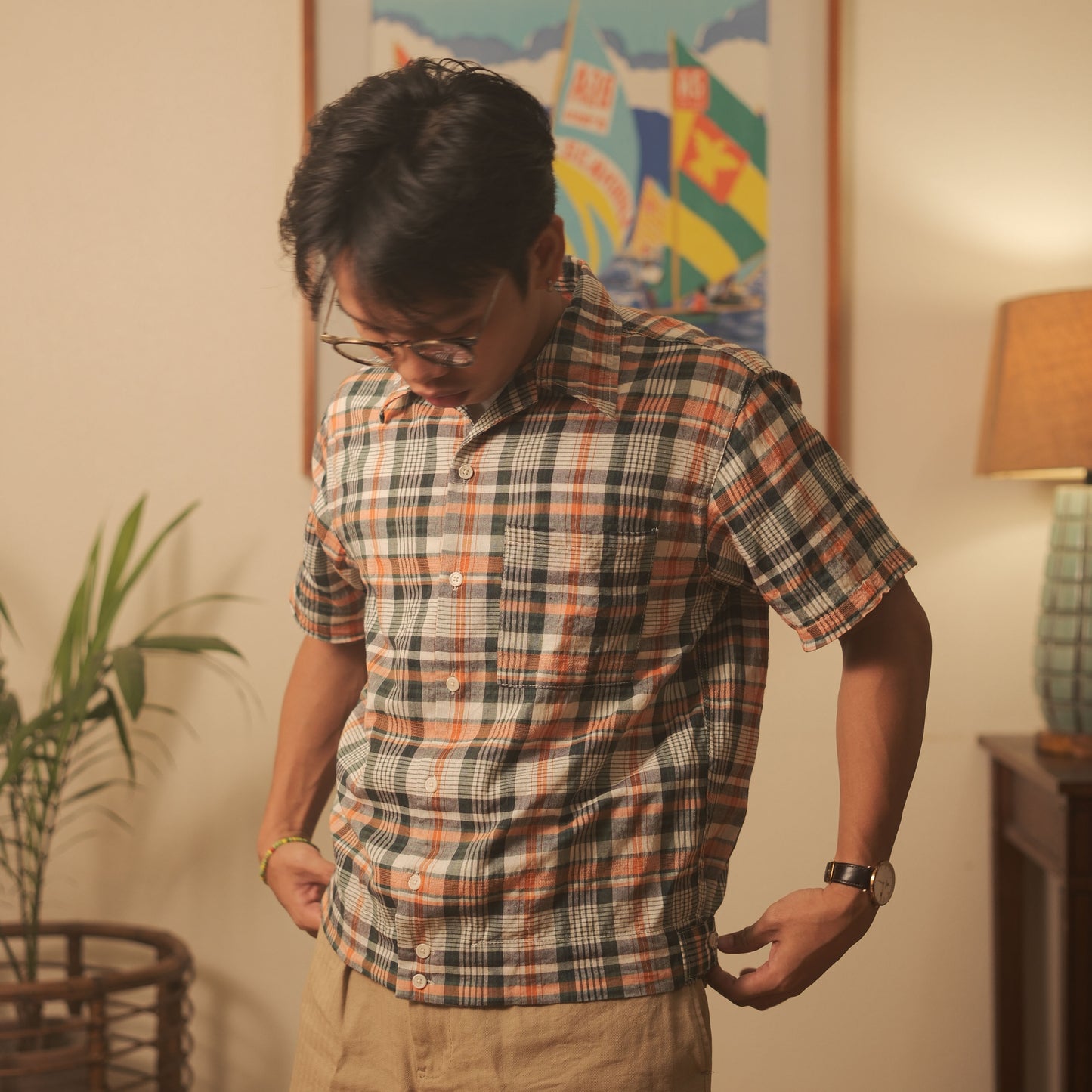 Lightweight S/S Camp Shirt w/ Side Tabs - Orange/Green Plaid