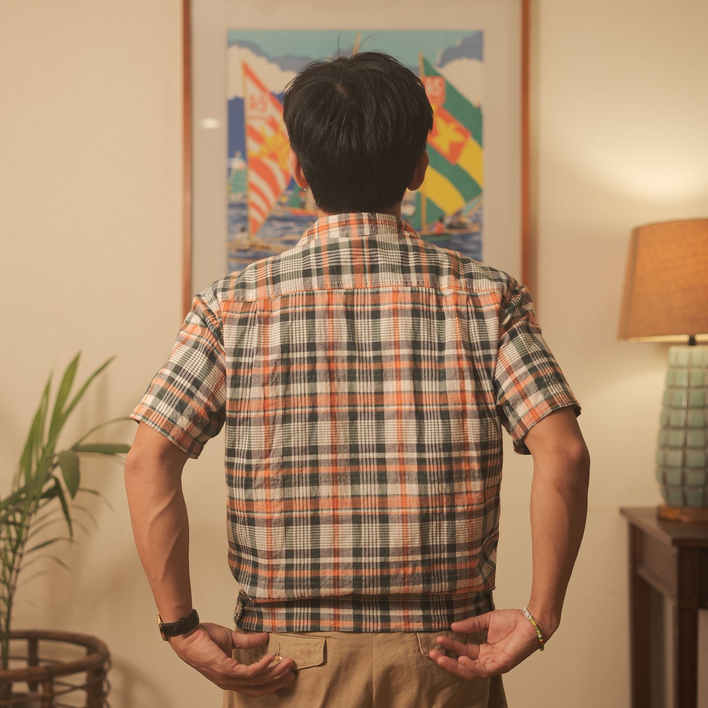Lightweight S/S Camp Shirt w/ Side Tabs - Orange/Green Plaid