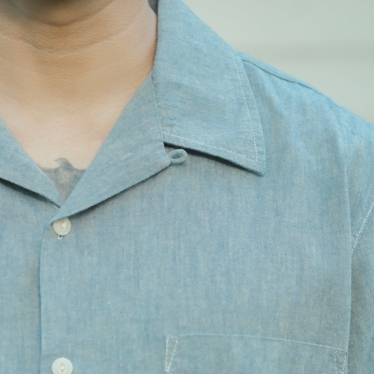 Chambray S/S Loop Collar Shirt - Blue