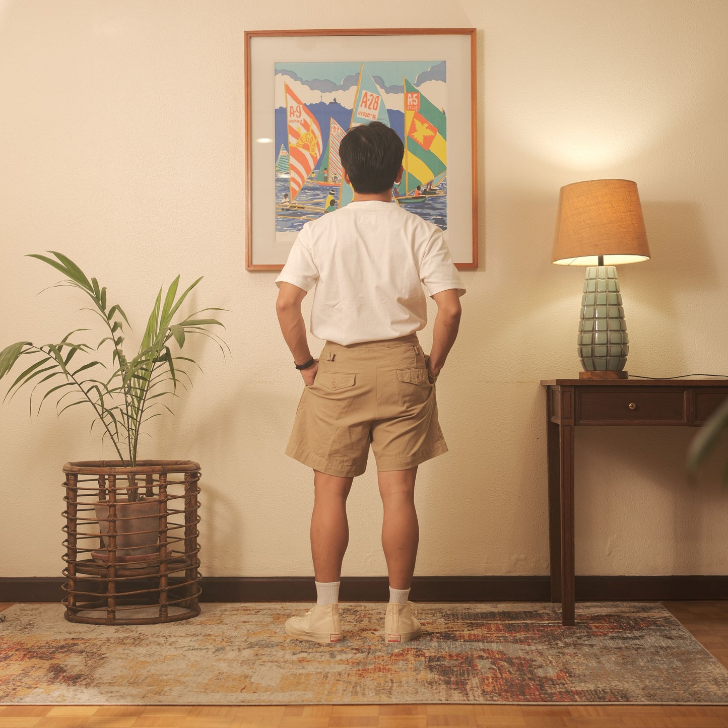 Herringbone Twill Pleated Shorts w/ Side Tabs - Khaki
