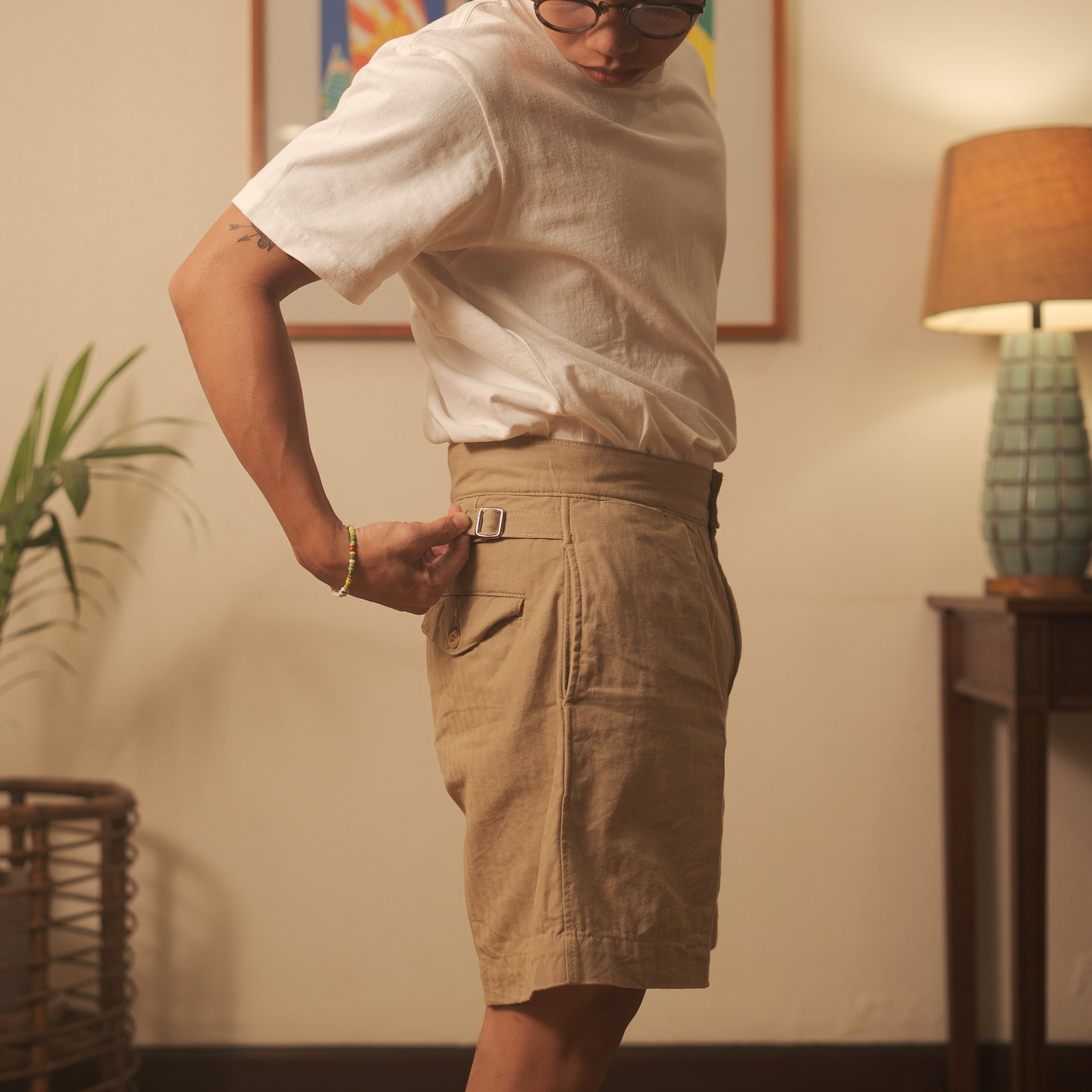 Herringbone Twill Pleated Shorts w/ Side Tabs - Khaki