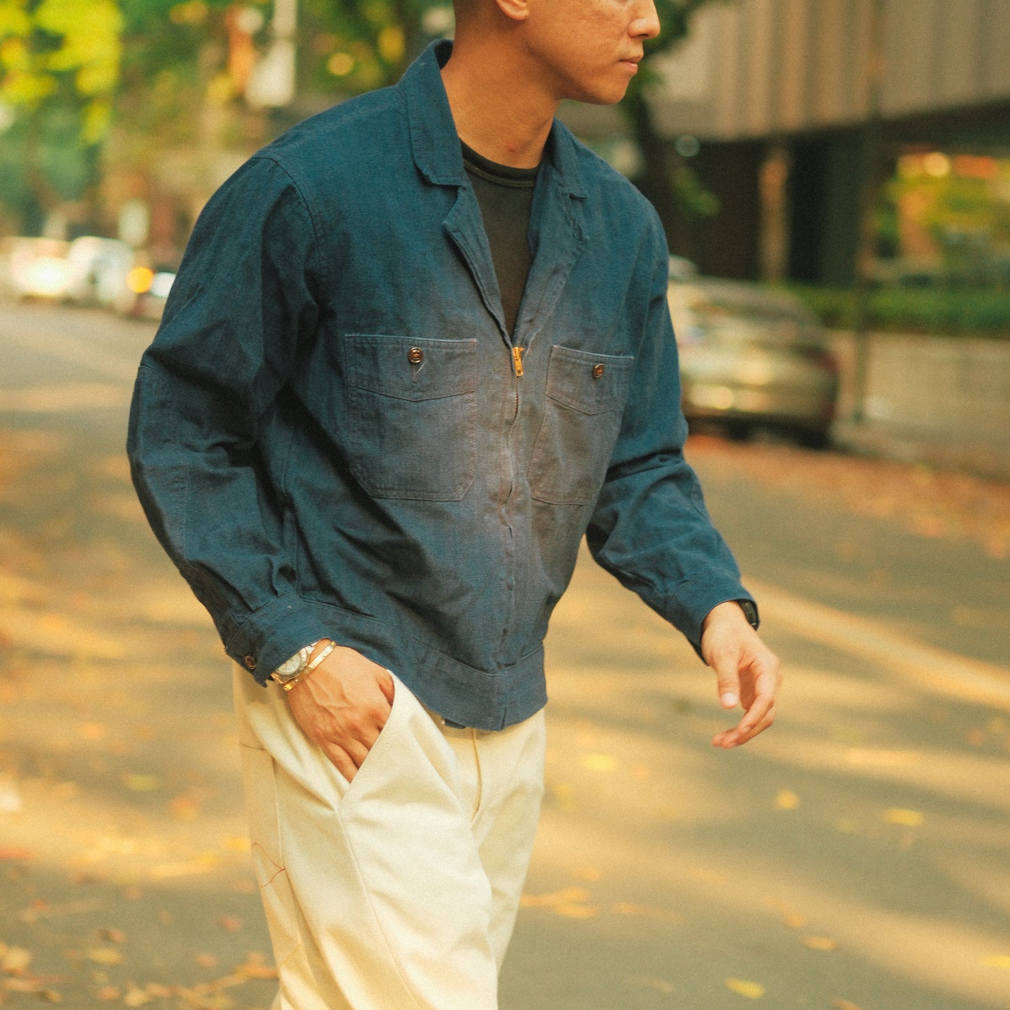 Selvedge Herringbone Twill Zip Shop Jacket - Indigo