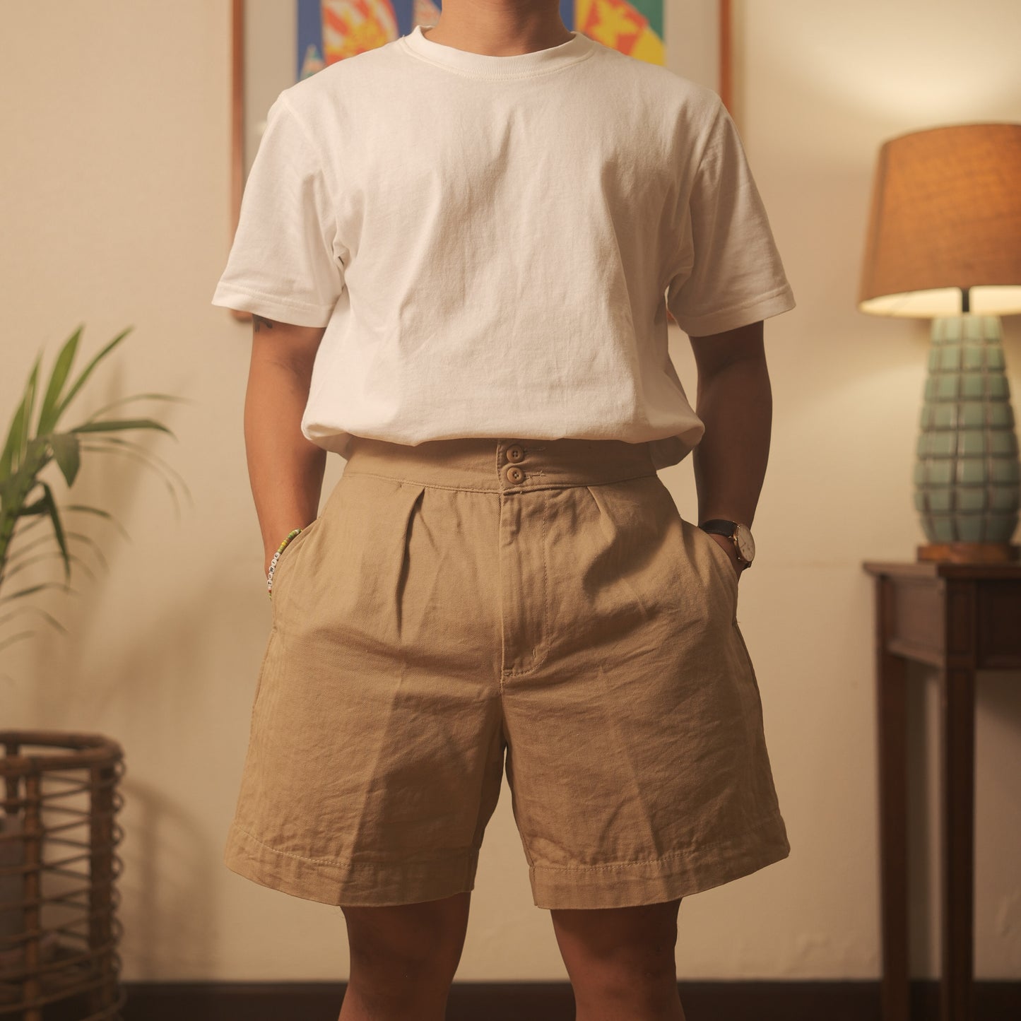 Herringbone Twill Pleated Shorts w/ Side Tabs - Khaki