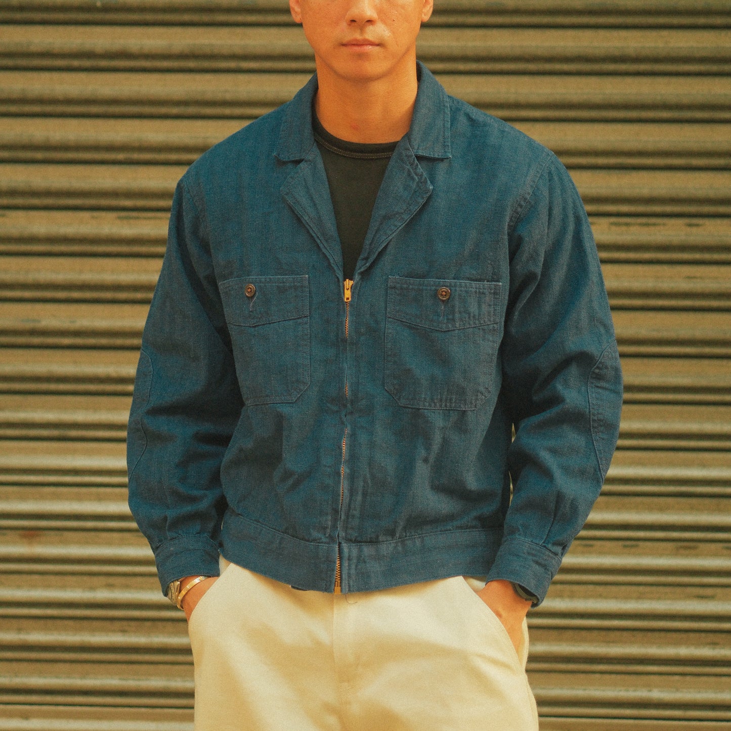 Selvedge Herringbone Twill Zip Shop Jacket - Indigo