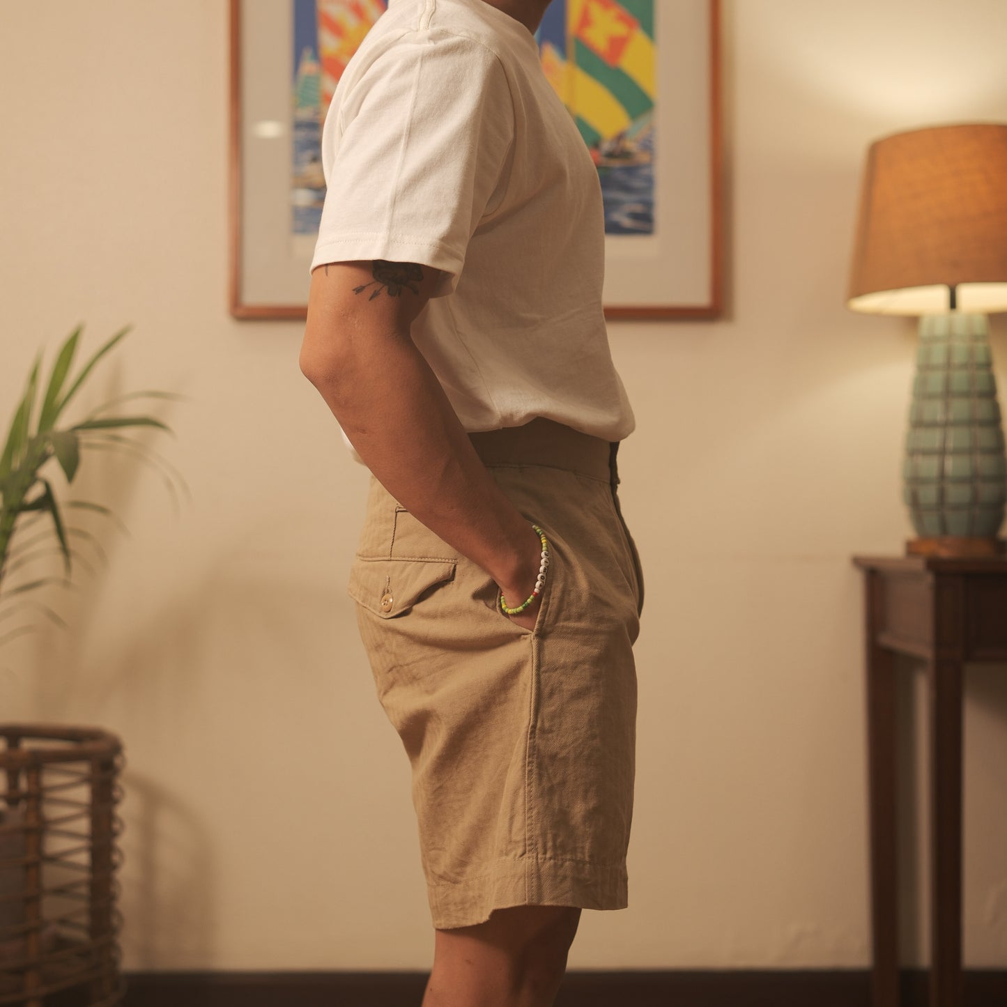 Herringbone Twill Pleated Shorts w/ Side Tabs - Khaki