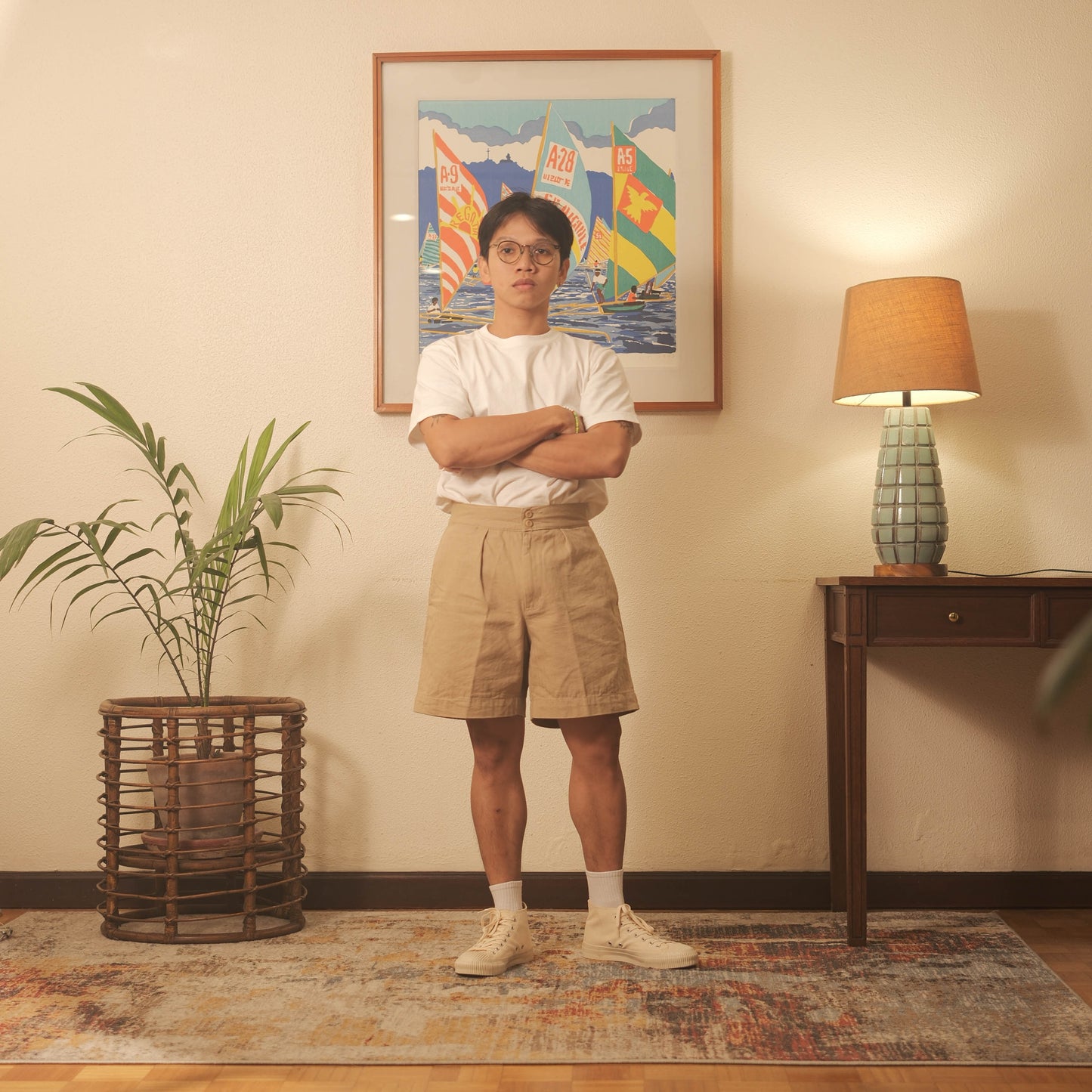 Herringbone Twill Pleated Shorts w/ Side Tabs - Khaki