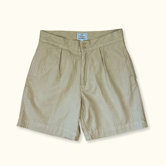 Herringbone Twill Pleated Shorts w/ Side Tabs - Khaki